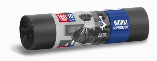 Worki na śmieci SUPERMOCNE LDPE 160L, 10 sztuk, w kolorze czarnym. Rolka z widocznym logo ANNA ZARADNA oraz informacjami o pojemności i ilości. Worki prezentowane w pozycji leżącej, z zaciągniętym brzegiem.