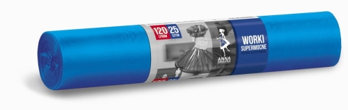 Worki na śmieci SUPERMOCNE LDPE 120L w kolorze niebieskim, pakowane w rolkę po 25 sztuk. Widoczna etykieta z informacjami o pojemności i liczbie sztuk, produkt leży poziomo na białym tle.