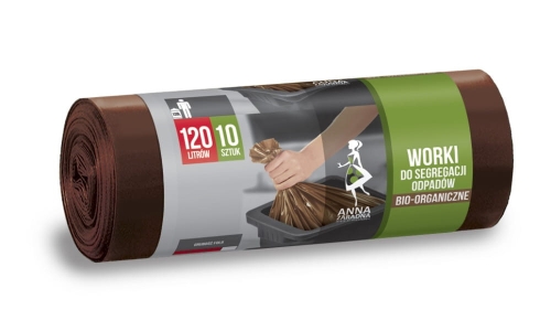 Brązowe worki na śmieci do segregacji odpadów „BIO” o pojemności 120 litrów, w opakowaniu 10 sztuk. Widoczne logo ANNA ZARADNA oraz napisy informacyjne. Worki zwinięte, umieszczone na jasnym tle.