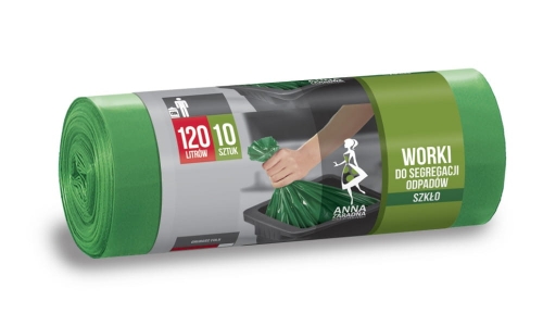 Worki na śmieci do segregacji odpadów szklanych, zielone, LDPE, w rolce. Opakowanie zawiera 10 sztuk, każdy o pojemności 120 litrów. Na opakowaniu widoczny napis WORKI DO SEGREGACJI ODPADÓW SZKŁO oraz logo marki ANNA ZARADNA.