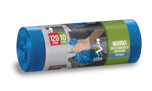 Niebieskie worki na śmieci do segregacji odpadów papierowych, LDPE, pojemność 120L, w opakowaniu 10 sztuk. Widok z boku, z czytelnymi napisami na etykiecie, przedstawiającymi zastosowanie i pojemność worków.