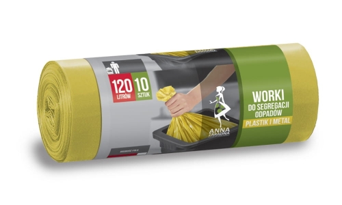 Worki na odpady plastikowe 120L, zestaw 10 sztuk, w kolorze żółtym. Opakowanie z widocznym logo ANNA ZARADNA, zbliżenie na rękę trzymającą worek. Produkt przeznaczony do segregacji odpadów, ukazany w pozycji leżącej.