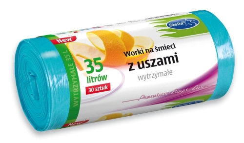 Worki na śmieci z uszami o pojemności 35 litrów, w niebieskim kolorze, pakowane po 30 sztuk. Na opakowaniu widoczne napisy: Worki na śmieci z uszami, wytrzymałe, oraz informacja o pojemności.