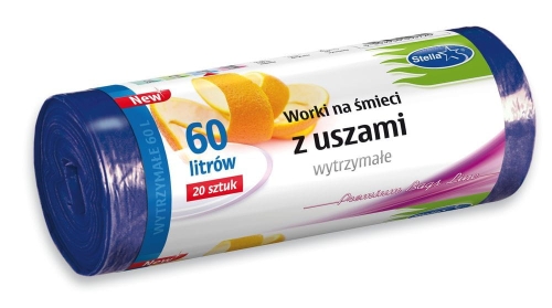 Granatowe worki na śmieci z uszami, o pojemności 60L, w opakowaniu 20 sztuk. Widoczne napisy informacyjne oraz logo Stella. Produkt w rolce, z wytrzymałego materiału.