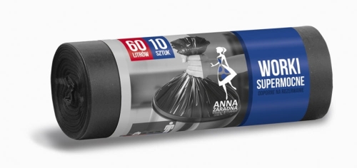 Worki na śmieci SUPERMOCNE LDPE 60L, w rolce, czarne, 10 sztuk. Opakowanie z widocznym napisem WORKI SUPERMOCNE oraz grafiką. Produkt odporny na rozrywanie, z przeznaczeniem do użytku domowego.