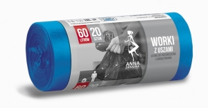 Worki na śmieci z USZAMI LDPE 60L 20 szt. Niebieskie ANNA ZARADNA