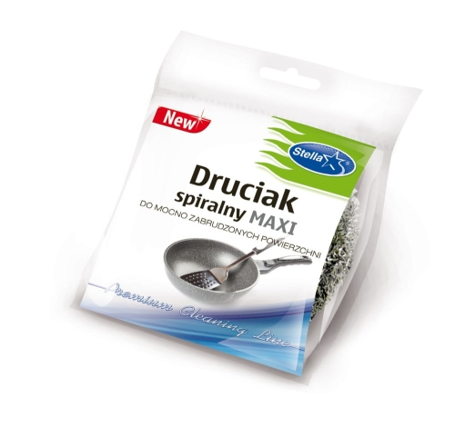 Druciak spiralny MAXI w opakowaniu. Produkt do czyszczenia mocno zabrudzonych powierzchni, z widoczną szpatułką. Kolor: srebrny z elementami zielonymi. Tło białe z niebieskimi detalami.