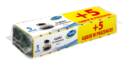 Duży zmywak STELLA w opakowaniu 5 sztuk, z dodatkowym zmywakiem gratis. Opakowanie z białym tłem, niebieskim logo STELLA oraz wyraźnymi napisami 5 sztuk i +5 gąbek w prezencie! na żółtym tle. Zmywaki mają teksturowaną powierzchnię.