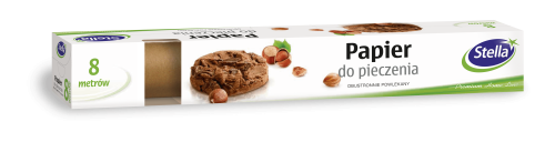 Papier do pieczenia STELLA w kartonowym opakowaniu, długość 8 metrów. Widoczne napisy Papier do pieczenia oraz logo STELLA. Z przodu opakowania umieszczony szczegółowy obrazek ciastka z orzechami. Tło białe z zielonym akcentem.