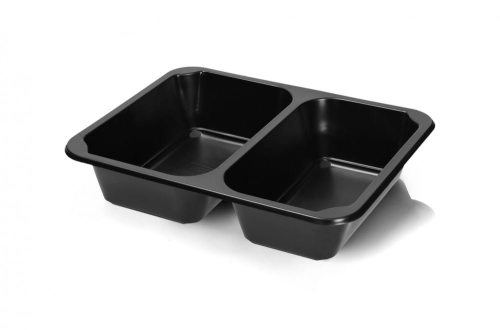 Czarny pojemnik do zgrzewu, podzielony na dwie komory, o wymiarach 227x178x50 mm. Produkt wykonany z plastiku, stojący, idealny do przechowywania jedzenia. W opakowaniu znajduje się 320 sztuk.