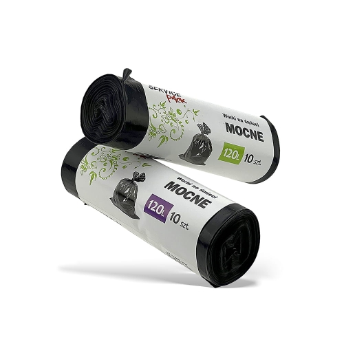 Worki na śmieci MOCNE LDPE 120L, w opakowaniu 10 sztuk. Czarne worki, zwinięte, z białą etykietą z zielonymi wzorami. Widoczny napis MOCNE oraz informacje o pojemności i ilości. Ułożone obok siebie.