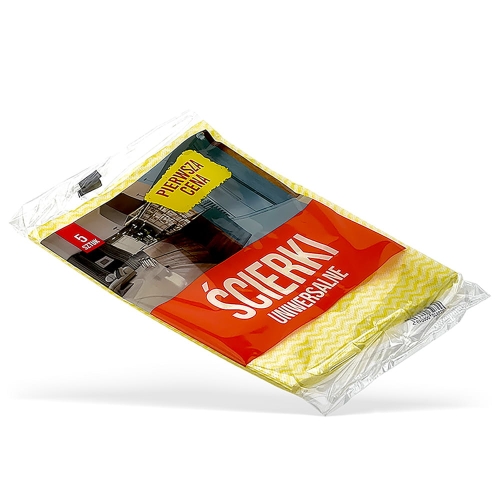 Pakiet pięciu uniwersalnych ścierków w opakowaniu. Ścierki w kolorze żółtym z teksturą w romby. Widoczny napis ŚCIERKI UNIWERSALNE oraz informacja o ilości. Opakowanie przezroczyste, z grafiką przedstawiającą kuchnię w tle.