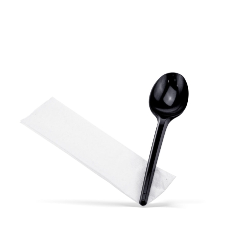 Zestaw zawiera czarną łyżkę plastikową oraz białą serwetkę papierową. Łyżka ma gładką powierzchnię i klasyczny kształt, a serwetka jest prostokątna, leżąca obok łyżki. Zestaw składa się z 350 sztuk, idealny do użycia w cateringu lub na imprezach.