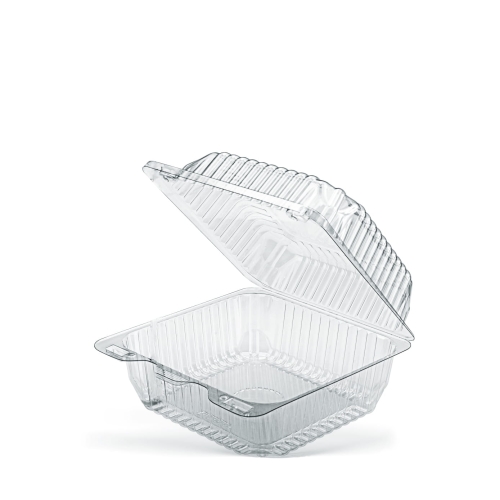 Przezroczysty pojemnik na ciasto SL-25N z kartonowym dnem, z otwartą pokrywą. Posiada żebrowaną strukturę oraz zatrzaski do zamykania. Idealny do transportu wypieków. Wymiary: kwadratowy kształt, wystarczający dla standardowych ciast.