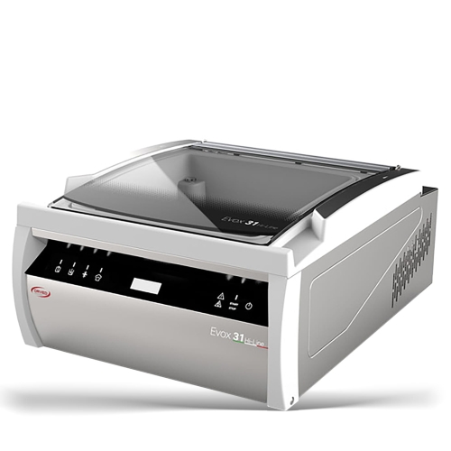 Pakowarka próżniowa EVOX 31 HI-LINE z szarym korpusem i przezroczystą pokrywą. Panel sterujący z przyciskami i wyświetlaczem umieszczony z przodu. Urządzenie stoi na płaskiej powierzchni, widok z boku.