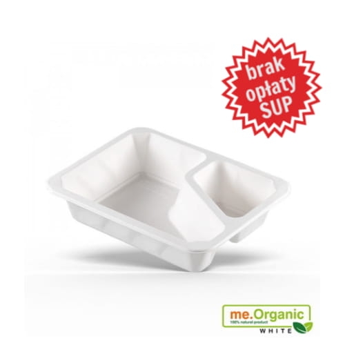 Pojemnik me.Organic DIAMOND WHITE CORNER w kolorze białym, wykonany z pulpy, z dwoma komorami. Kształt prostokątny, wymiary 227x178x50 mm, przeznaczony do pakowania żywności. Widoczne logo me.Organic i informacja o braku opłaty SUP.