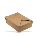 Pojemnik papierowy o pojemności 2000 ml w kolorze brązowym, zamknięty, o prostokątnym kształcie z zaokrąglonymi krawędziami. Widoczny detal złożenia wieczka, na białym tle. Idealny do przechowywania posiłków.