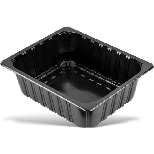Pojemnik do zgrzewu GN 1/2 w kolorze czarnym o wymiarach 324x264x100 mm, prostokątny, z wyraźnym wnętrzem i rowkami na ściankach, leżący na białym tle, idealny do przechowywania potraw.