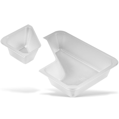 Pojemnik do zgrzewu CORNER FREE METROOMILK w kształcie prostokąta i kwadratu, wykonany z białego materiału. Wymiary większego pojemnika to 227x178x40 mm. Widoczne dwa pojemniki: jeden większy i jeden mniejszy, obydwa z zaokrąglonymi krawędziami.