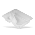 Pojemnik do zgrzewu CORNER FREE METROOMILK, biały, prostokątny, z dwoma komorami. Wymiary: 227x178x50 mm. Zbliżenie na detal, z widocznym kątem wcięcia. Idealny do przechowywania żywności, wykonany z materiału odpornego na zgrzewanie.