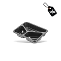 Pojemnik zgrzewany o wymiarach 227x178x50 mm, podzielony na 3 komory, wykonany z materiału żebrowanego w kolorze czarnym. Widok z góry, lekko pod kątem, z widocznymi detalami komór. W zestawie 320 sztuk.
