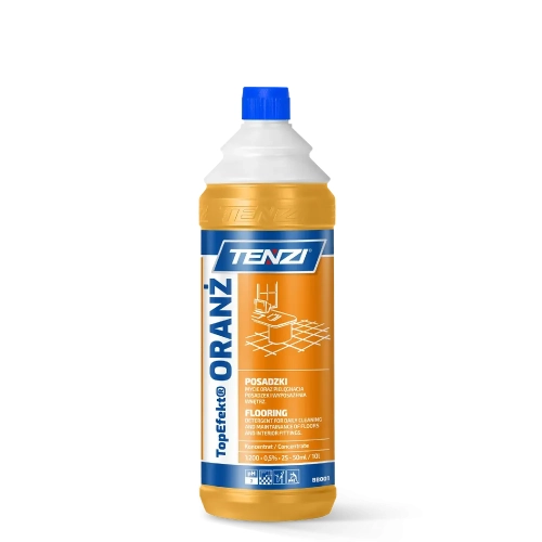 Butelka środka czyszczącego TENZI TopEfekt® ORANŻ o pojemności 1L, z niebieską zakrętką. Etykieta w kolorze pomarańczowym z białymi i niebieskimi napisami, informująca o zastosowaniu do mycia i pielęgnacji posadzek oraz wyposażenia wnętrz.