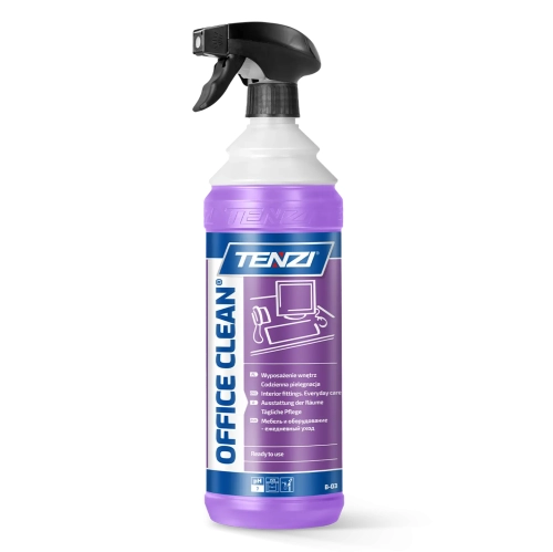 Preparat TENZI Office Clean 1L w butelce z dozownikiem, w kolorze fioletowym. Etykieta zawiera napisy w kilku językach, w tym Office Clean oraz informacje o zastosowaniu do pielęgnacji mebli. Butelka ustawiona w pozycji pionowej.