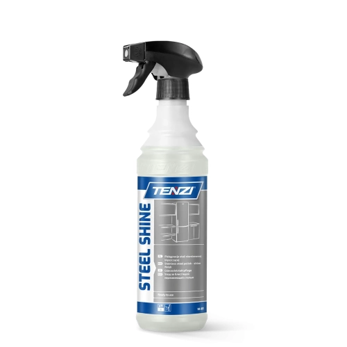 Butelka spray z produktem TENZI STEEL SHINE GT 0,6L do pielęgnacji stali nierdzewnej. Przezroczysta pojemność z czarną dyszą, etykieta w odcieniach niebieskiego i szarości z czytelnymi napisami. Ujęcie frontalne, na białym tle.