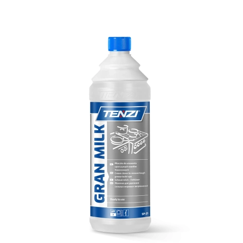 Mleczko TENZI Gran Milk 1L w przezroczystej butelce z niebieską nakrętką. Etykieta zawiera informacje o produkcie oraz grafiki przedstawiające zastosowanie. Przeznaczone do usuwania tłustych osadów, gotowe do użycia.