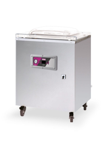 Pakowarka próżniowa LERICA LEVAC C62 w metalowej obudowie z przezroczystą pokrywą. Panel sterujący z wyświetlaczem, manometrem i przyciskami w kolorze różowym. Produkt na kółkach, stojący, z widocznym zasilaniem.