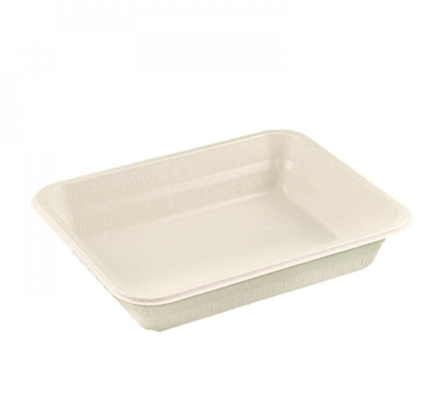 Pojemnik do zgrzewu, biodegradowalny, nielaminowany, wykonany z pulpy drzewnej, w kolorze jasnym, o wymiarach 227x178x50 mm, leżący płasko na jasnym tle.