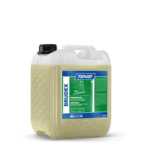 Kanister 5L odtłuszczacza TENZI BRUDEX w kolorze jasnożółtym. Etykieta z niebieskim i zielonym napisem BRUDEX oraz informacjami o zastosowaniu. Pojemnik z czarną zakrętką, tekstura powierzchni przypominająca plastry miodu.