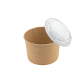 Miska papierowa KRAFT o pojemności 475 ml i średnicy 110 mm, z przezroczystym wieczkiem PET. Produkt w kolorze brązowym, otwarty, z widocznym wnętrzem. Sprzedawany w zestawie 500 sztuk.