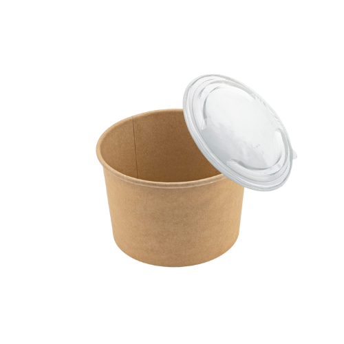 Miska papierowa KRAFT o pojemności 475 ml i średnicy 110 mm, z przezroczystym wieczkiem PET. Produkt w kolorze brązowym, otwarty, z widocznym wnętrzem. Sprzedawany w zestawie 500 sztuk.