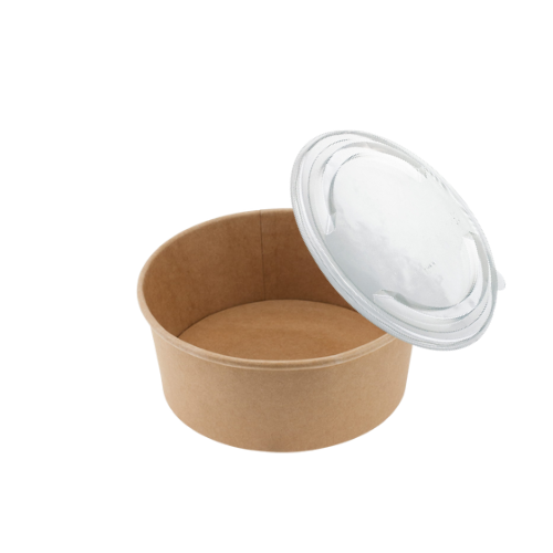 Miska papierowa KRAFT o średnicy 150 mm i pojemności 1000 ml, z przezroczystym wieczkiem PET. Produkt w kształcie okrągłym, leżący na białym tle, z widocznym wnętrzem i wieczkiem częściowo otwartym. W opakowaniu 500 sztuk.
