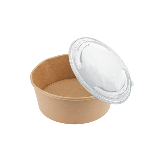 Miska papierowa KRAFT o pojemności 1300 ml i średnicy 185 mm, w kolorze brązowym, z przezroczystym wieczkiem PET. Produkt stoi w pozycji otwartej, ukazując gładkie wnętrze i zewnętrzną teksturę. Idealna do serwowania potraw.
