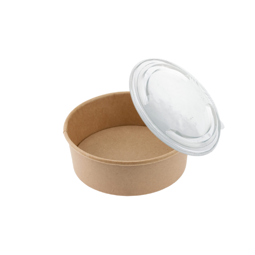 Miska papierowa KRAFT o średnicy 150 mm i pojemności 500 ml, z przezroczystym wieczkiem. Miska ma okrągły kształt i jest wykonana z materiału ekologicznego, idealna do serwowania potraw. Widok z boku na otwartą miskę.