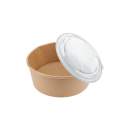 Miska papierowa KRAFT o pojemności 1100 ml i średnicy 185 mm, z przezroczystym wieczkiem PET. Miska ma okrągły kształt i brązowy kolor. Widoczna informacja o średnicy 150 mm.