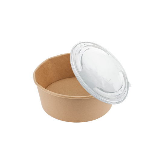 Miska papierowa KRAFT o pojemności 1100 ml i średnicy 185 mm, z przezroczystym wieczkiem PET. Miska ma okrągły kształt i brązowy kolor. Widoczna informacja o średnicy 150 mm.