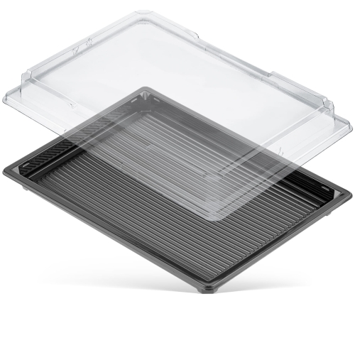 Pojemnik na sushi z przezroczystym wieczkiem, w kolorze czarnym, o wymiarach 255x185x20 mm. Widoczne rowki na dnie pojemnika. W zestawie 400 sztuk.