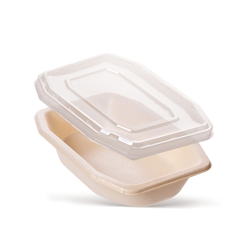 Tacka me.Organic Octagon w odcieniu naturalnym z pulpy, o wymiarach 216x149x45 mm, z przezroczystym wieczkiem PE. Produkt leży na białym tle, ukazując kształt ośmiokątny i gładką teksturę.