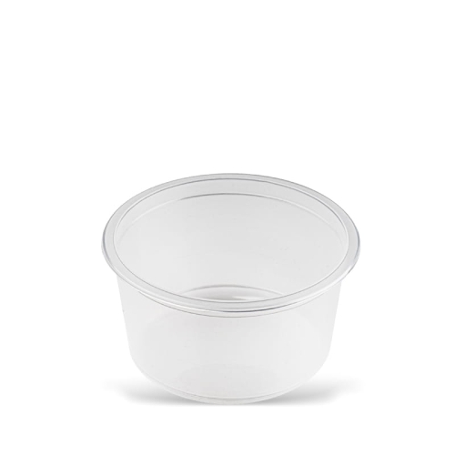 Przezroczysty pojemnik MISKA do zgrzewu, średnica 115 mm, pojemność 250 ml. Okrągły kształt, gładka powierzchnia, idealny do pakowania żywności. Produkt leżący na białym tle. Dostępny w opakowaniu po 500 sztuk.