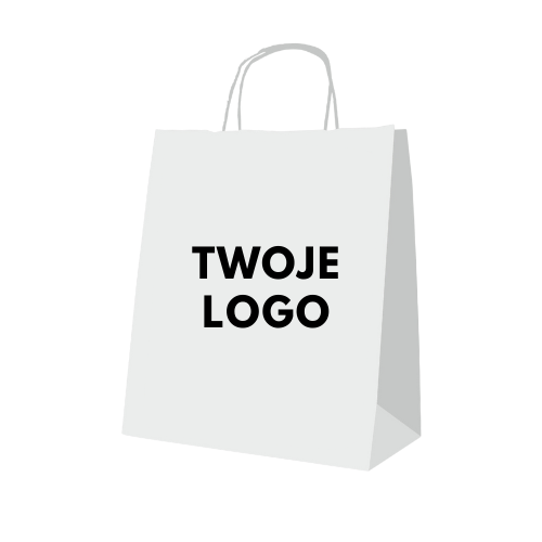 Biała torba papierowa z dwiema uchwytami, z przodu widoczny napis TWOJE LOGO w dużych, czarnych literach. Torba stoi w pozycji stojącej, z prostym tłem. Idealna do indywidualnych projektów reklamowych.