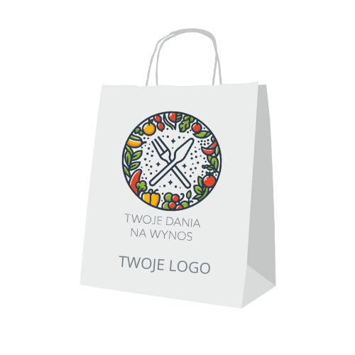 Torba papierowa w kolorze białym z grafika na środku przedstawiającą talerz z jedzeniem oraz napisami TWOJE DANIA NA WYNOS i TWOJE LOGO. Posiada uchwyty i wymiary 320x160x390 mm. Idealna do pakowania dań na wynos.