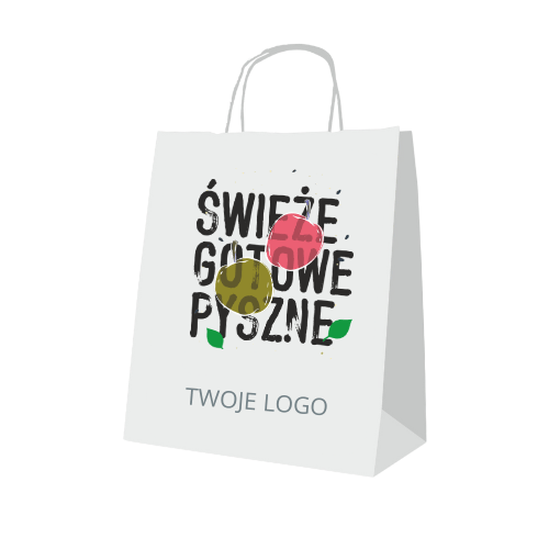 Torba papierowa w kolorze białym z napisem Świeże Gotowe Pyszne w czarnym kolorze oraz kolorowymi grafikami owoców. Poniżej widoczne miejsce na Twoje Logo. Wymiary: 320x160x390 mm. Uchwyt w postaci dwóch rączek.