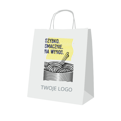 Torba papierowa w kolorze białym, z uchwytami, o wymiarach 320x160x390 mm. Na froncie widoczny nadruk z napisem SZYBKO SMACZNIE NA WYNOS oraz graficznym motywem miski z makaronem. Poniżej miejsce na TWOJE LOGO.
