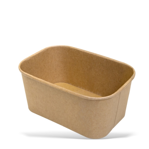 pojemnik papierowy KRAFT o pojemności 1000 ml i w naturalnym brązowym kolorze. Produkt ma protokątny kształt, z gładką fakturą, stojący na białym tle. W zestawie 300 sztuk