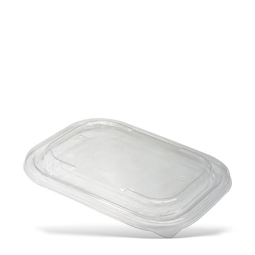 wieczko rPET do pojemników prostokątnych papierowych KRAFT o pojemności 750/1000 ml. Przezroczyste, z widocznymi wypustkami do zamykania. Idealne do zabezpieczania żywności. Produkt prezentowany frontalnie, na białym tle.