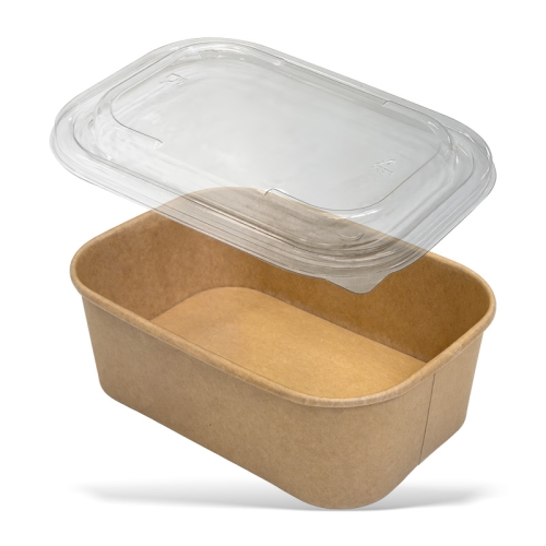 pojemnik papierowy KRAFT o pojemności 750 ml i w naturalnym brązowym kolorze + wieczko wykonane z rPET w kolorze transparentnym. Produkt ma protokątny kształt, z gładką fakturą, stojący na białym tle. W zestawie 300 sztuk