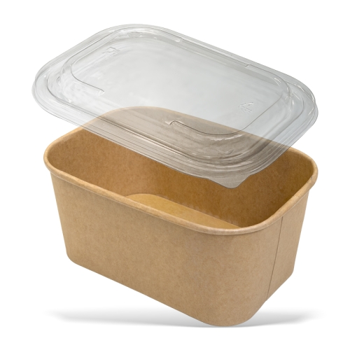 pojemnik papierowy KRAFT o pojemności 1000 ml i w naturalnym brązowym kolorze + wieczko wykonane z rPET w kolorze transparentnym. Produkt ma prostokątny kształt, z gładką fakturą, stojący na białym tle. W zestawie 300 sztuk